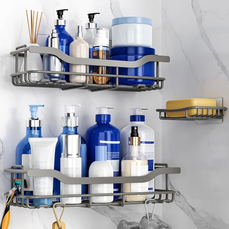 OMAIRA 3-Pack Shower Caddy with Soap Holder, Adhesive Rustproof No-drill Strudy Loading Inside Shower Organizer Shelves Rack Storage Bathroom Organization for Smooth Wall Glass Tile, Grey (X-Large) - Image 2